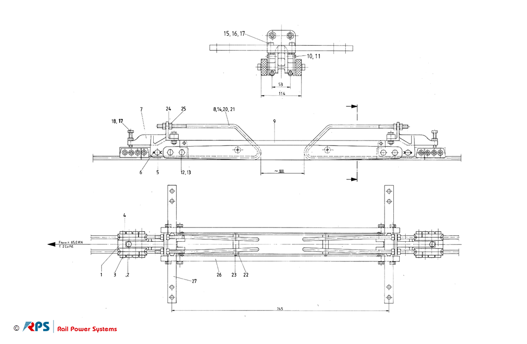 Section insualtor 1,5 kV with GRP plates and arcing horns for 2 contact_wires